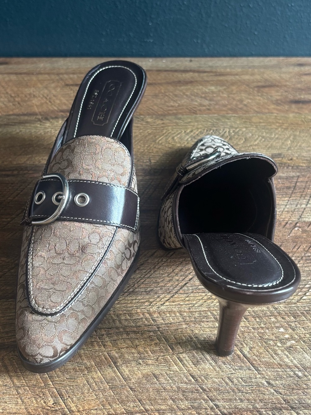 Coach Brown Slip-On Pointed Toe Mule Heels with Buckle - Picture 2 of 5